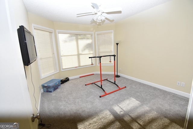 workout area featuring carpet floors, ceiling fan, and a textured ceiling