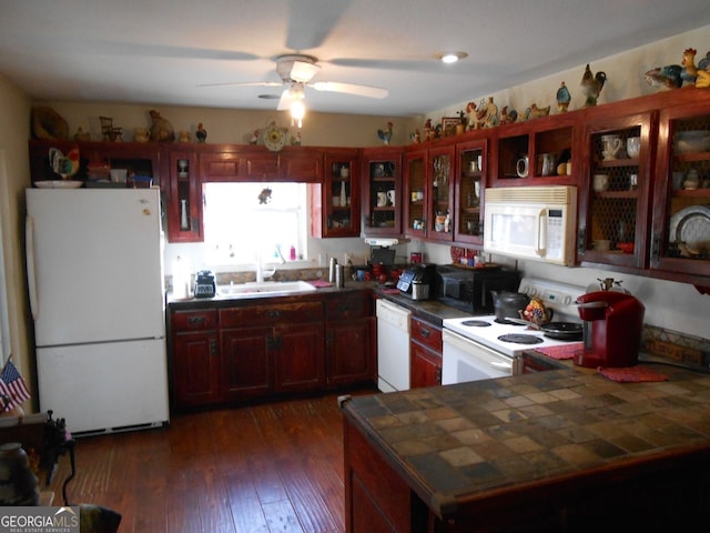 kitchen with ceiling fan, tile countertops, sink, white appliances, and dark hardwood / wood-style flooring