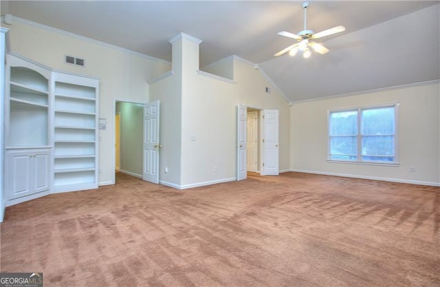 unfurnished bedroom with crown molding, light colored carpet, ceiling fan, and high vaulted ceiling