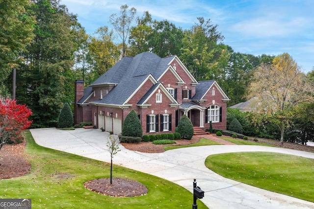 view of front of house with a front lawn and a garage