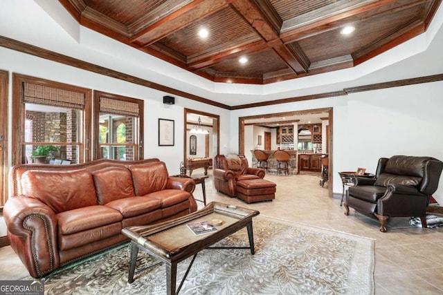 living room with beamed ceiling, an inviting chandelier, crown molding, coffered ceiling, and wooden ceiling