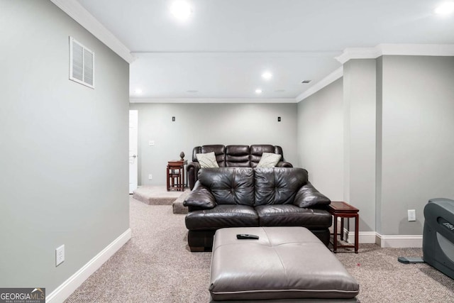 carpeted living room featuring ornamental molding