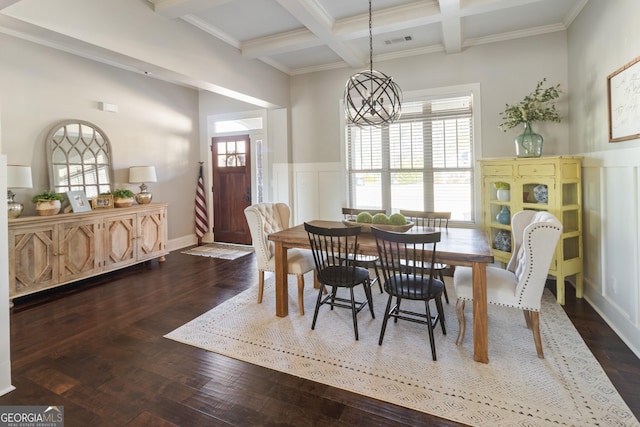 dining area featuring dark hardwood / wood-style flooring, beamed ceiling, ornamental molding, a chandelier, and coffered ceiling