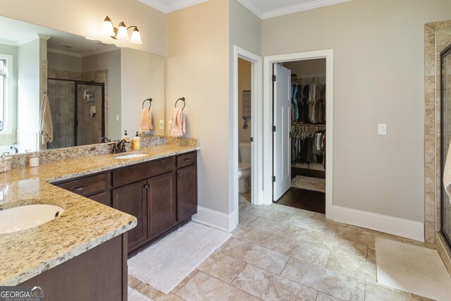 bathroom featuring tile patterned floors, plus walk in shower, and ornamental molding