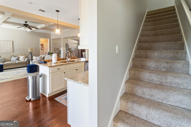 living area featuring crown molding, dark wood-type flooring, lofted ceiling, and ceiling fan