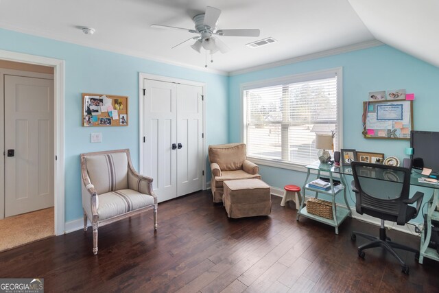 living room featuring ceiling fan, dark wood-type flooring, crown molding, and lofted ceiling