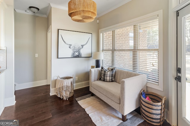 sitting room with ornamental molding and hardwood / wood-style flooring