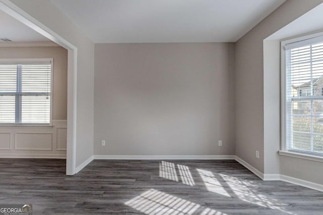 spare room with dark hardwood / wood-style flooring and a wealth of natural light