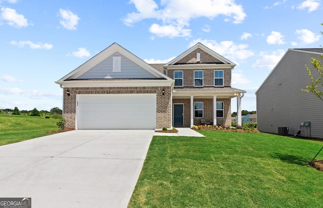 craftsman inspired home with a garage, a front yard, cooling unit, and covered porch