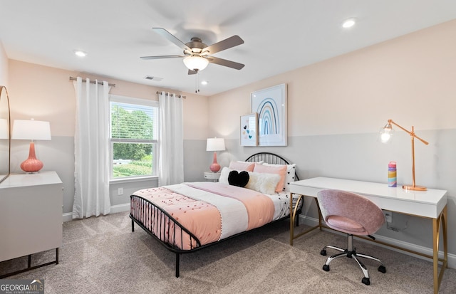 carpeted bedroom with ceiling fan