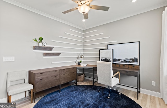 home office featuring ceiling fan, ornamental molding, and light hardwood / wood-style floors