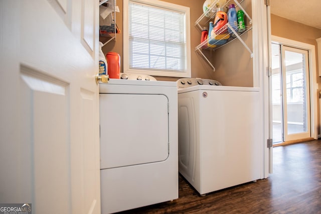 clothes washing area with dark hardwood / wood-style flooring and washing machine and clothes dryer