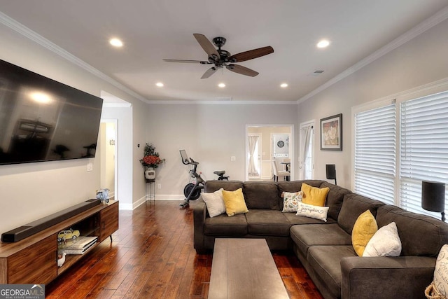 living room featuring ceiling fan, dark hardwood / wood-style flooring, and crown molding