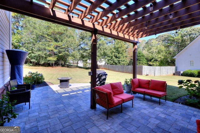 view of patio / terrace featuring an outdoor living space and a pergola