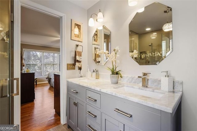 bathroom with vanity and wood-type flooring