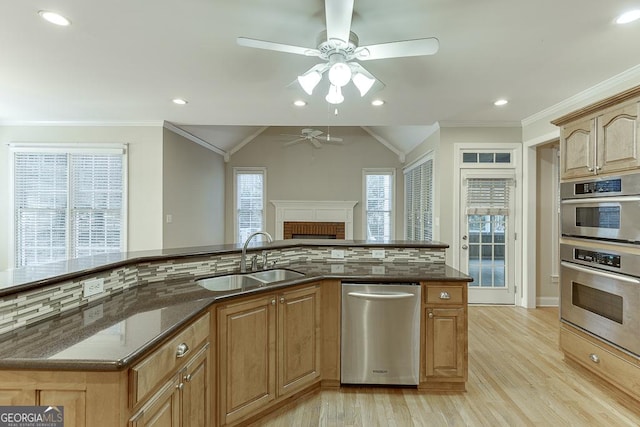 kitchen with appliances with stainless steel finishes, tasteful backsplash, lofted ceiling, ornamental molding, and sink