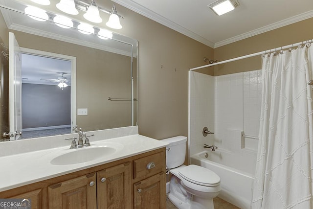 full bathroom with ceiling fan, vanity, toilet, shower / bath combo, and ornamental molding