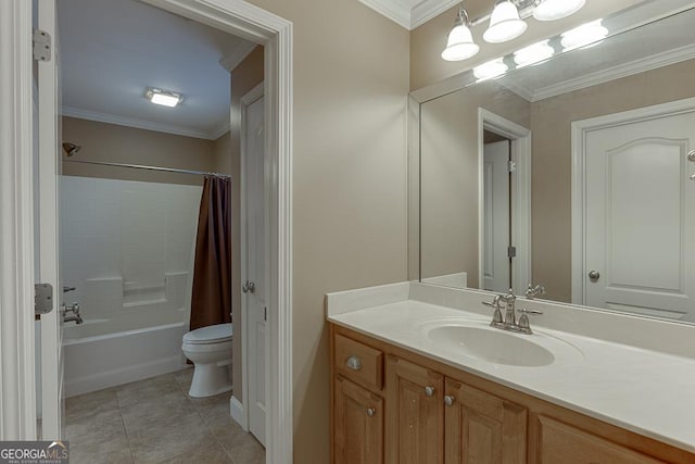 full bathroom with toilet, vanity, tile patterned flooring, crown molding, and shower / bath combo with shower curtain