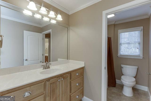 bathroom featuring tile patterned floors, toilet, vanity, and ornamental molding