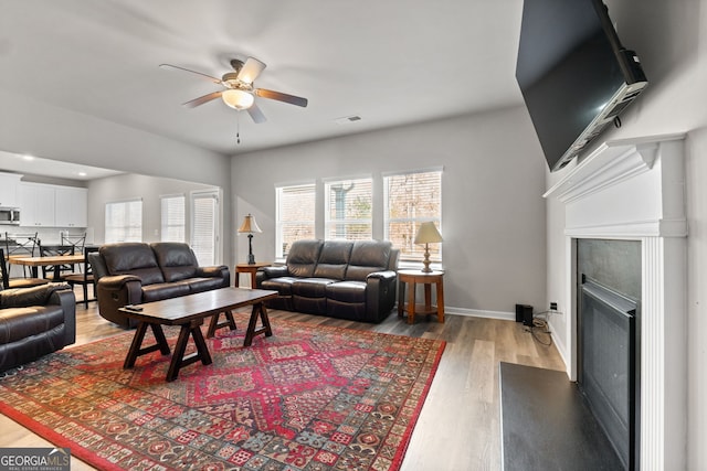 living room featuring ceiling fan and hardwood / wood-style flooring