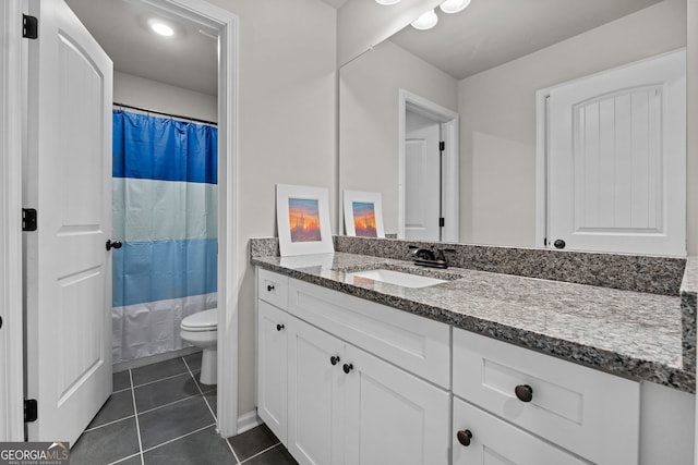 full bathroom with toilet, vanity, tile patterned flooring, and shower / bathtub combination with curtain