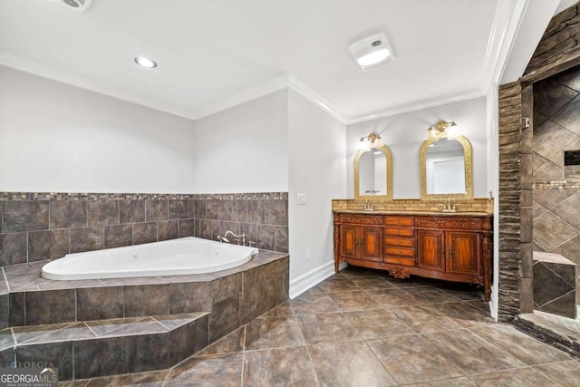 bathroom featuring vanity, a relaxing tiled tub, and ornamental molding