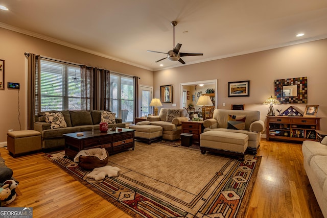 living room featuring ceiling fan, ornamental molding, and light hardwood / wood-style flooring