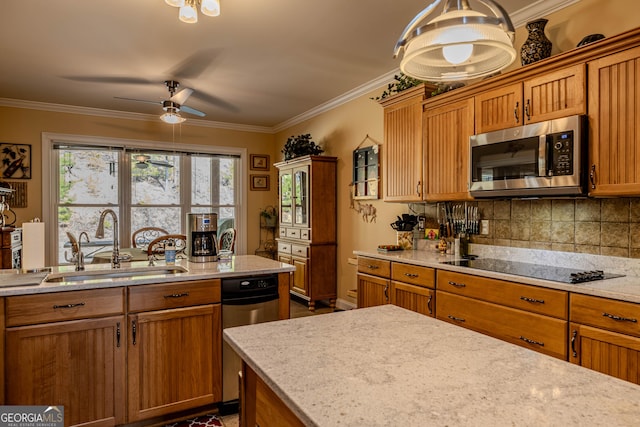 kitchen with ceiling fan, decorative backsplash, sink, light stone counters, and black electric cooktop