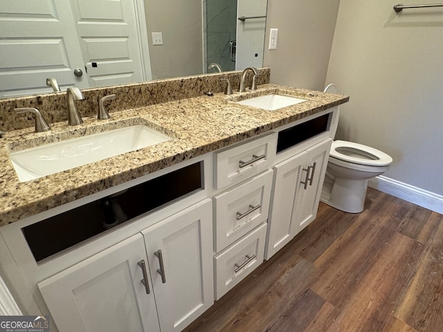 bathroom with toilet, vanity, and wood-type flooring