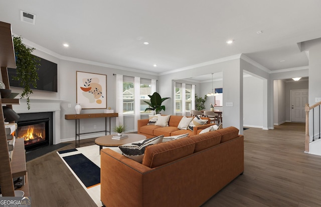 living room with dark hardwood / wood-style flooring and ornamental molding