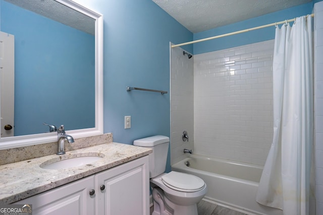 49 Post Oak Dr, Lagrange, GA 30240 - full bath featuring toilet, shower / bathtub combination with curtain, vanity, a textured ceiling, and wood finished floors
