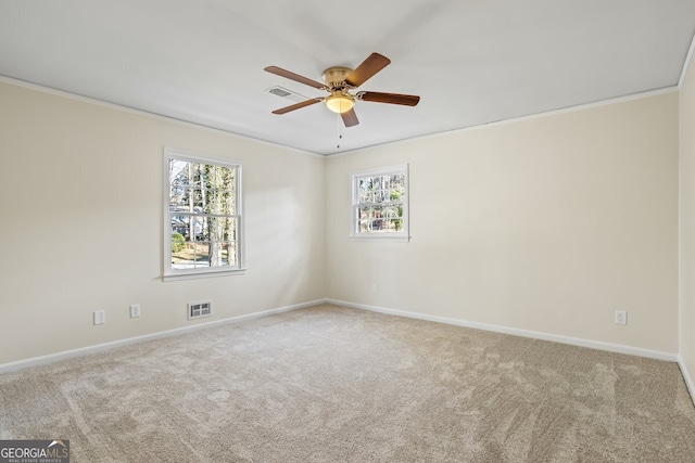 empty room with ceiling fan, carpet, and crown molding