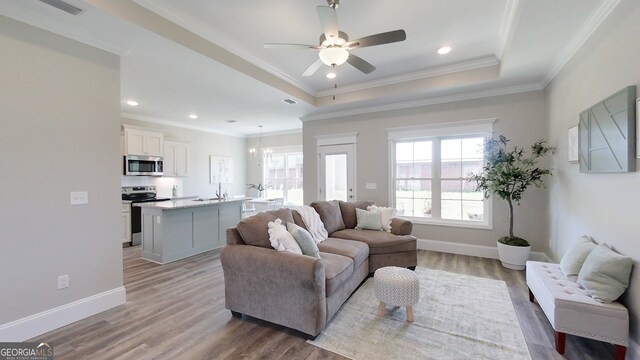 1013 Syrup Mill Creek Ln, Cairo, GA 39828 - living room featuring baseboards, a raised ceiling, ceiling fan, and ornamental molding