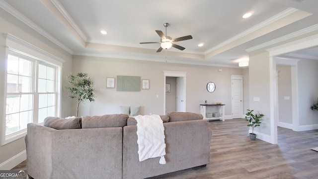 1013 Syrup Mill Creek Ln, Cairo, GA 39828 - living room with a tray ceiling, crown molding, wood finished floors, and a ceiling fan