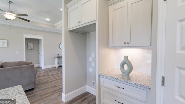 1013 Syrup Mill Creek Ln, Cairo, GA 39828 - kitchen with decorative backsplash, baseboards, dark wood-type flooring, and ceiling fan