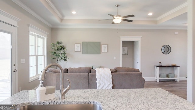 1013 Syrup Mill Creek Ln, Cairo, GA 39828 - living room with a raised ceiling, ornamental molding, and a ceiling fan