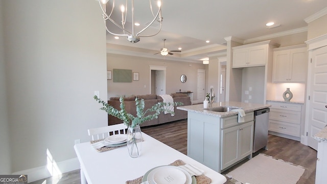 1013 Syrup Mill Creek Ln, Cairo, GA 39828 - kitchen with a sink, dark wood-type flooring, white cabinets, stainless steel dishwasher, and crown molding