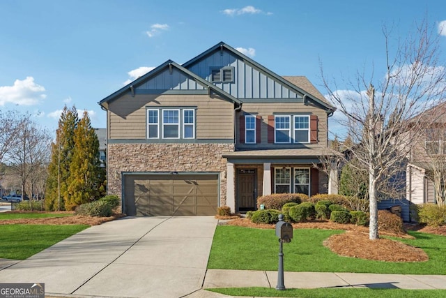 craftsman-style house with a front lawn and a garage