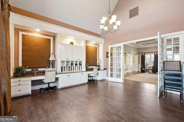 office space with high vaulted ceiling, french doors, dark hardwood / wood-style floors, and built in desk