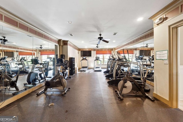 exercise room with brick wall and a healthy amount of sunlight