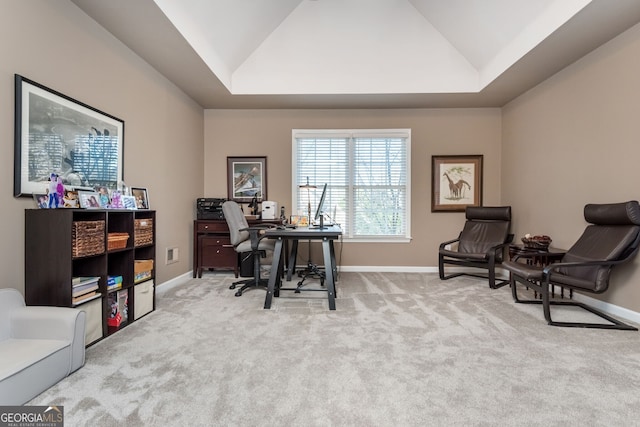 office space with a raised ceiling and light carpet