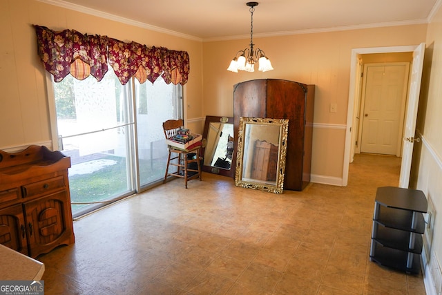 interior space featuring ornamental molding and a notable chandelier