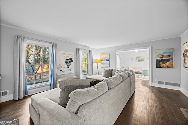 living room with baseboards, crown molding, visible vents, and dark wood-type flooring