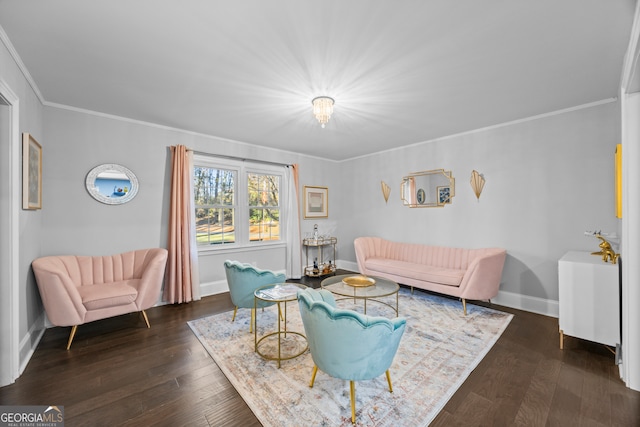 living room featuring baseboards, dark wood-style flooring, and crown molding