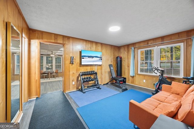 exercise room featuring wooden walls, a healthy amount of sunlight, and a textured ceiling