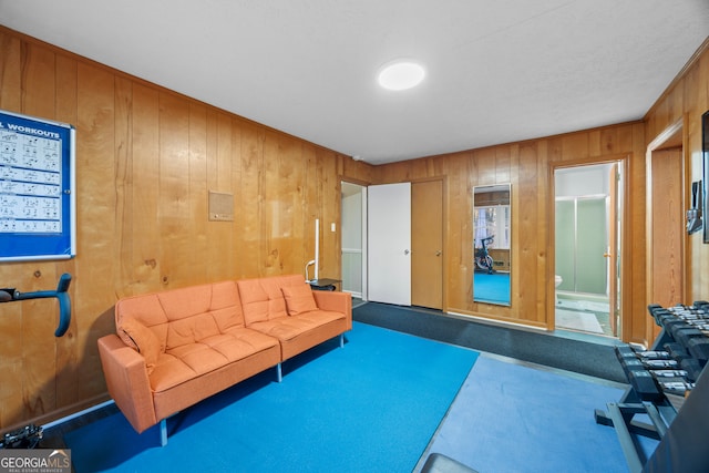 living room with wooden walls