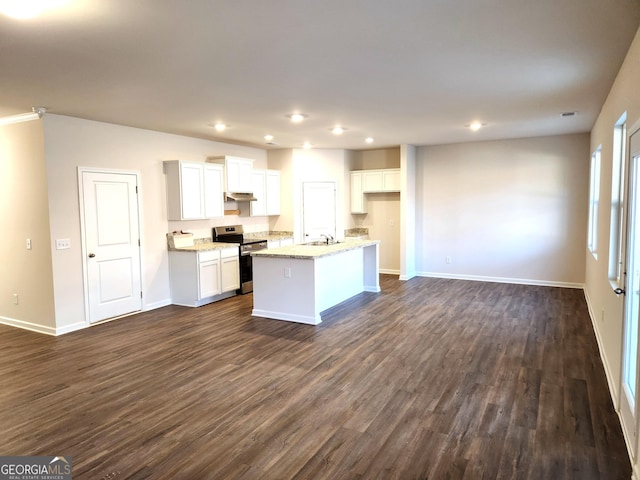 28 Russet Way Lot 60, Newnan, GA 30263 - kitchen featuring stainless steel electric range, recessed lighting, dark wood finished floors, white cabinetry, and baseboards