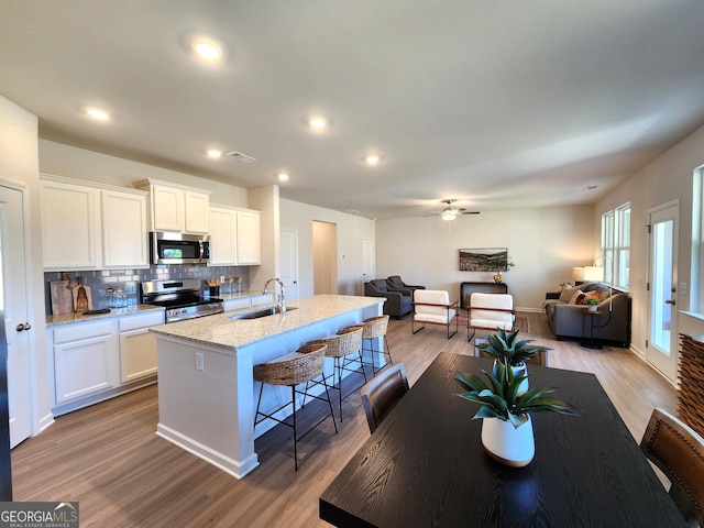 28 Russet Way Lot 60, Newnan, GA 30263 - kitchen featuring appliances with stainless steel finishes, a sink, open floor plan, white cabinets, and recessed lighting