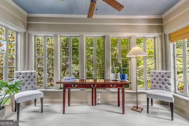 sunroom featuring ceiling fan