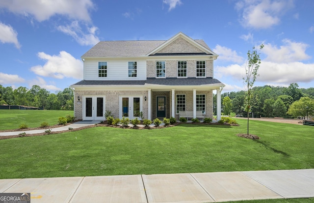 view of front of property featuring a front lawn and french doors